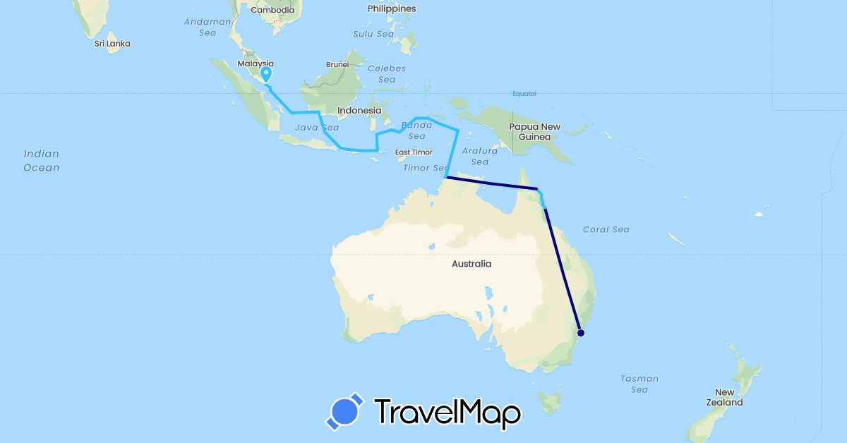 TravelMap itinerary: driving, boat in Australia, Indonesia, Singapore (Asia, Oceania)